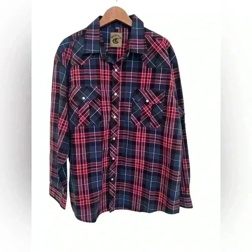 Coevals Club Men’s Pearl Snap Long Sleeve Western Red Blue Plaid Shirt Size XXL